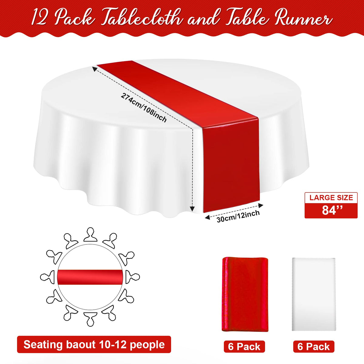 12 Pack 12x108 Inch Satin Table Runner and 84 Inch Round Plastic Tablecloths Set Red and White Disposable Round Table