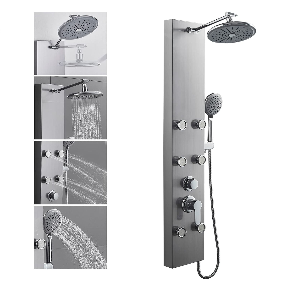 Shower Panel Tower System With Adjustable Shower Head, Brushed