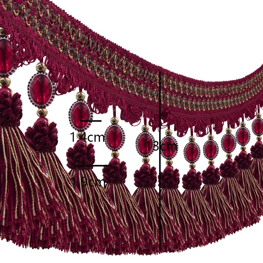 Pom Pom Curtain Fringe Trim Beads Ball Tassel Trimming Sewing Ribbon Upholstery Fabric (red) - 3yards