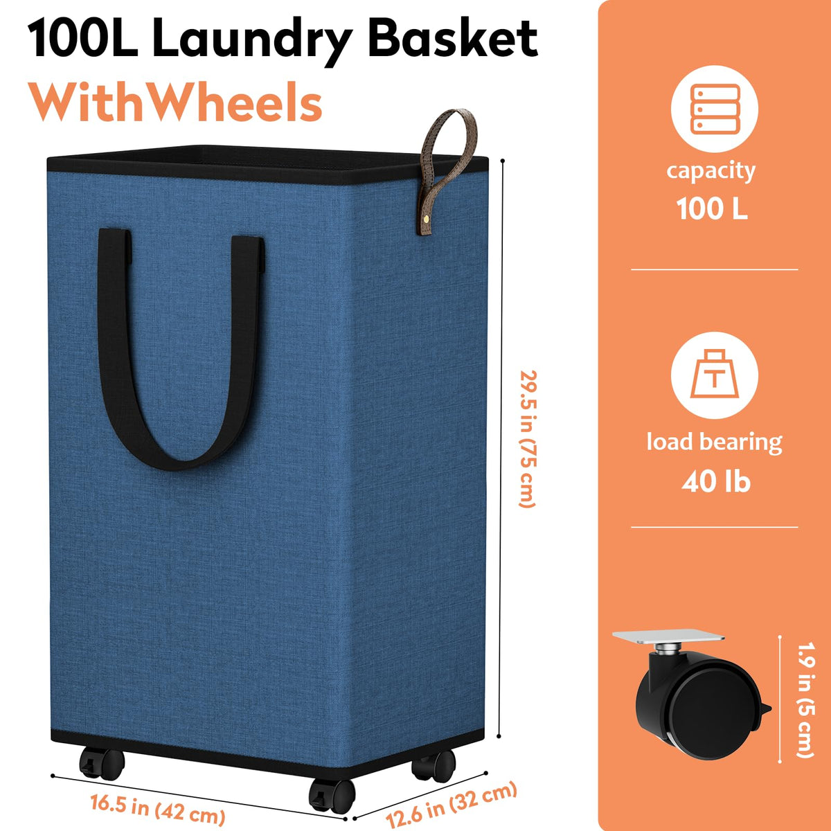 Rolling Laundry Basket with Wheels, Laundry Hamper, 100L, Navy