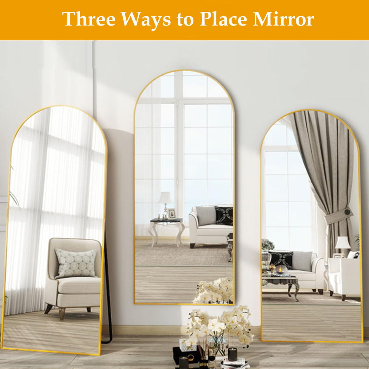 Arched Full Length Mirror, 76"x34" Large Floor Mirror, Gold