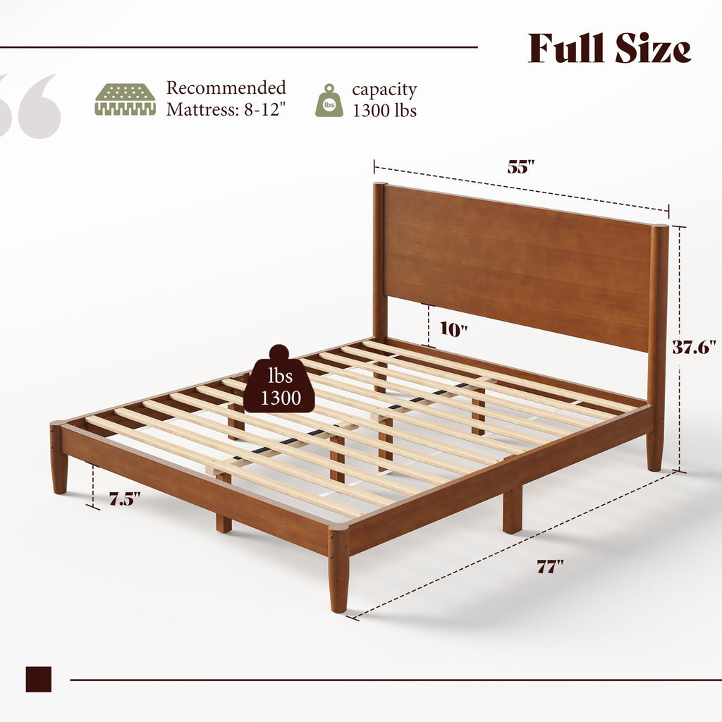 Solid Wood Full Bed Frame, Mid Century Bed with Headboard, Brown