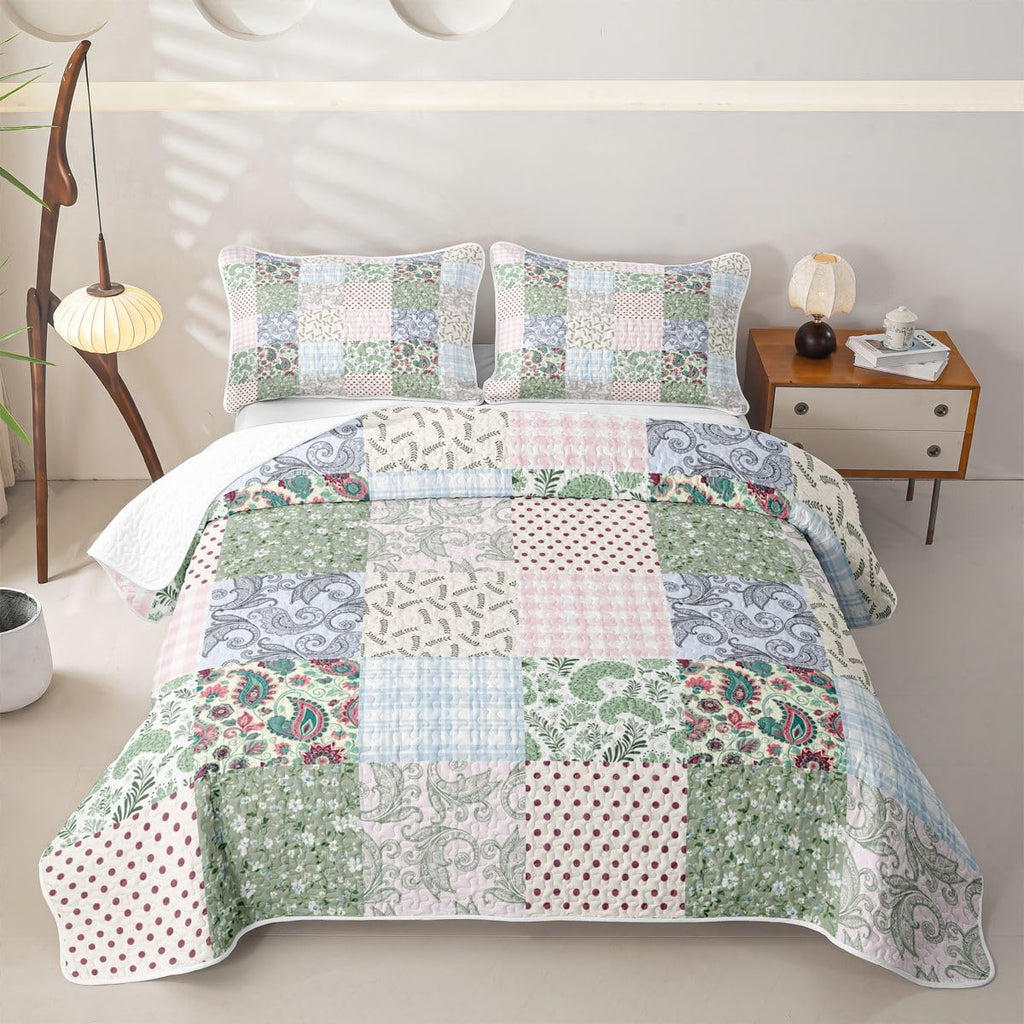 Ssweety Floral Paisley Quilt Set, Polka Dot Quilted Bedspread, Patchwork Grid Microfiber Lightweight Quilt