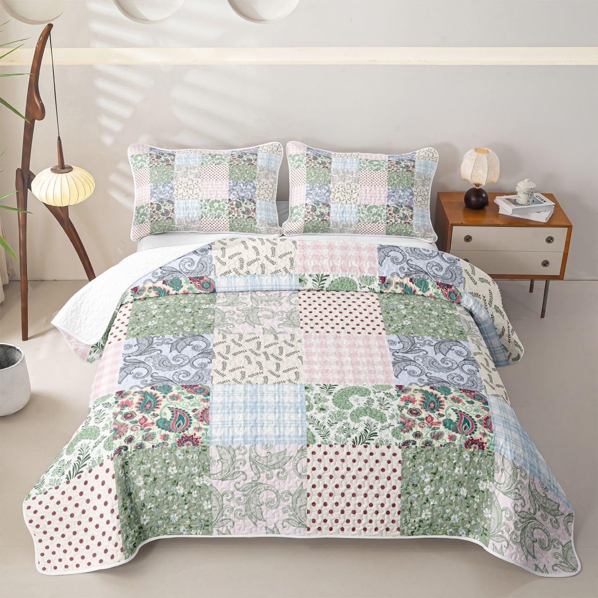 Ssweety Floral Paisley Quilt Set, Polka Dot Quilted Bedspread, Patchwork Grid Microfiber Lightweight Quilt