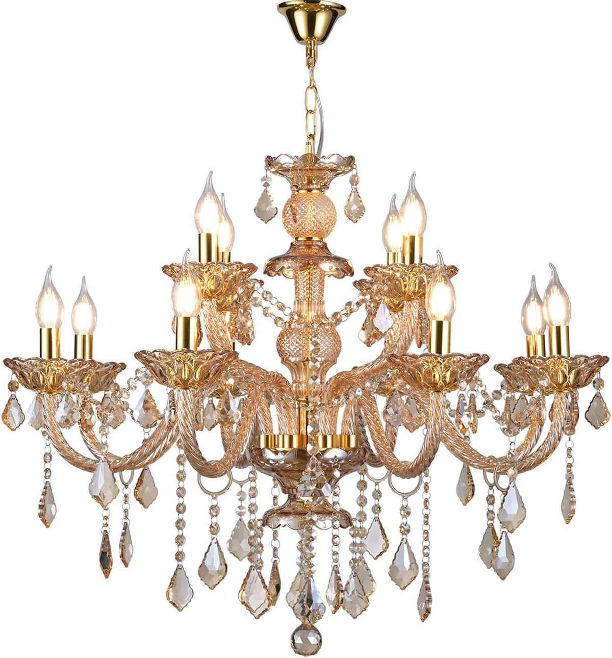 Twelve-Light Amber Gold K9 Crystal Chandelier for Grand Dining Rooms