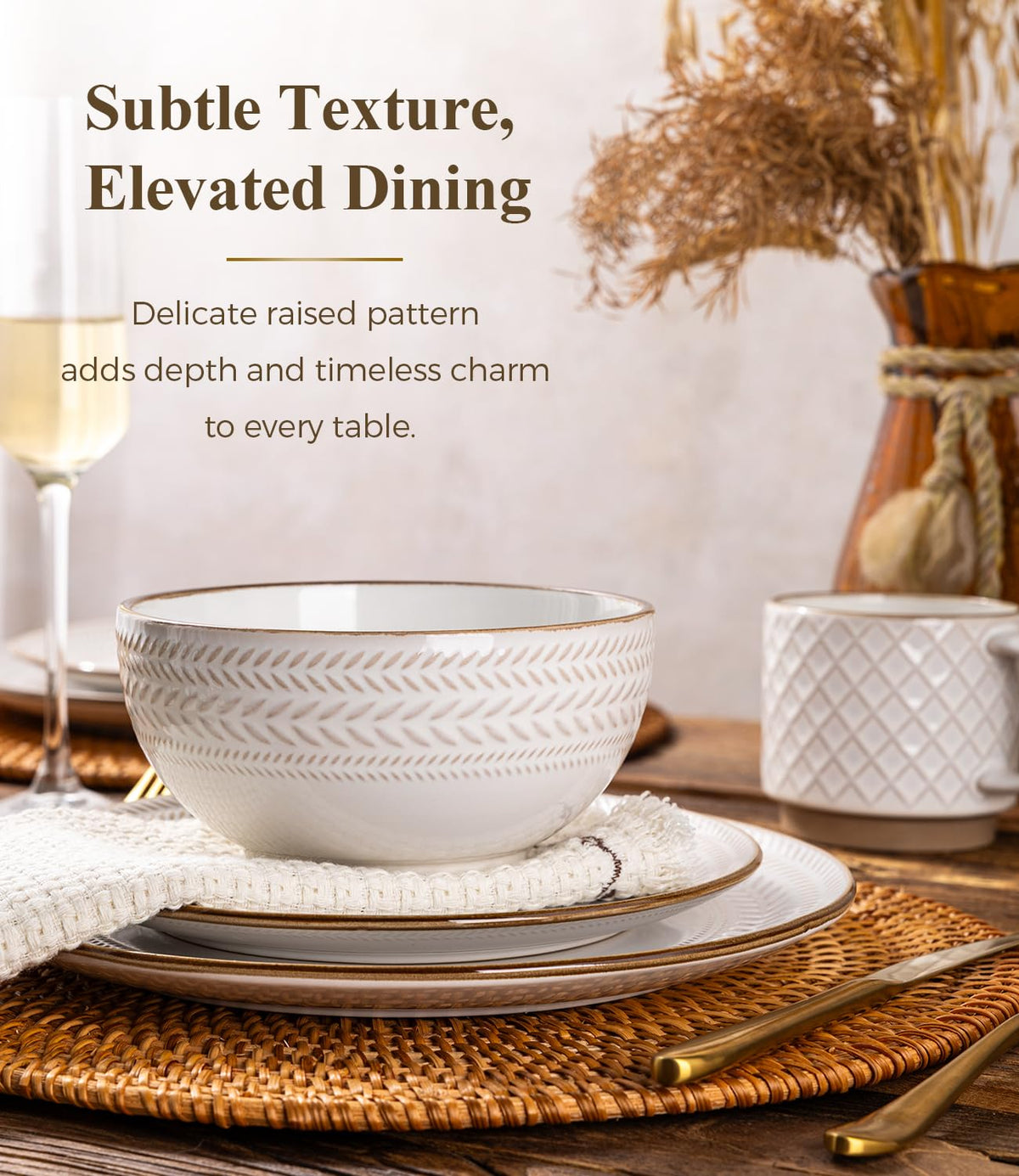 Stoneware Dinnerware Set for 4, 12 Piece Farmhouse Dishes Set