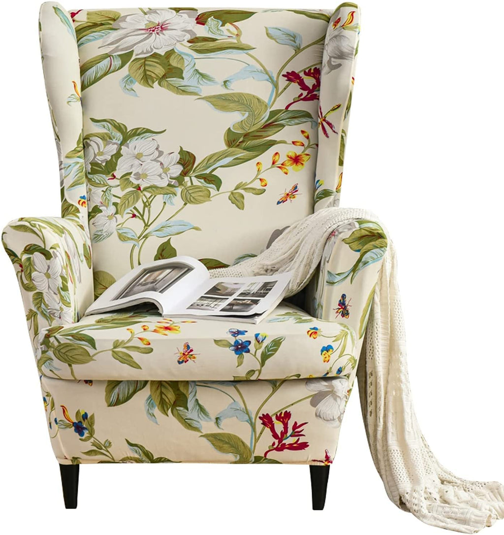 Wingback Chair Slipcover 2 Piece Stretch Printed Wing Chair Cover with Cushion Cover Thick Spandex Full Protection