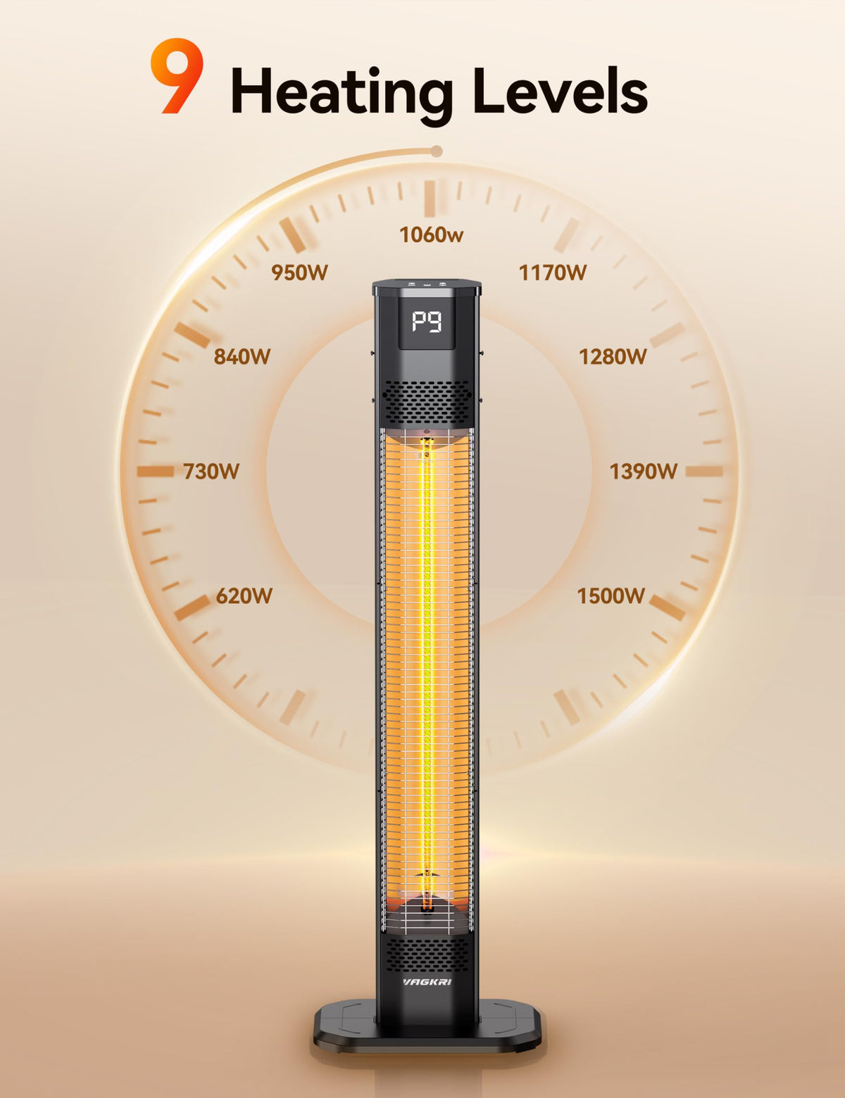 42" 1500W Electric Outdoor Infrared Heater with Remote, 9 Heat Levels, 24H Timer, 1S Fast Heating, IPX5 Waterproof
