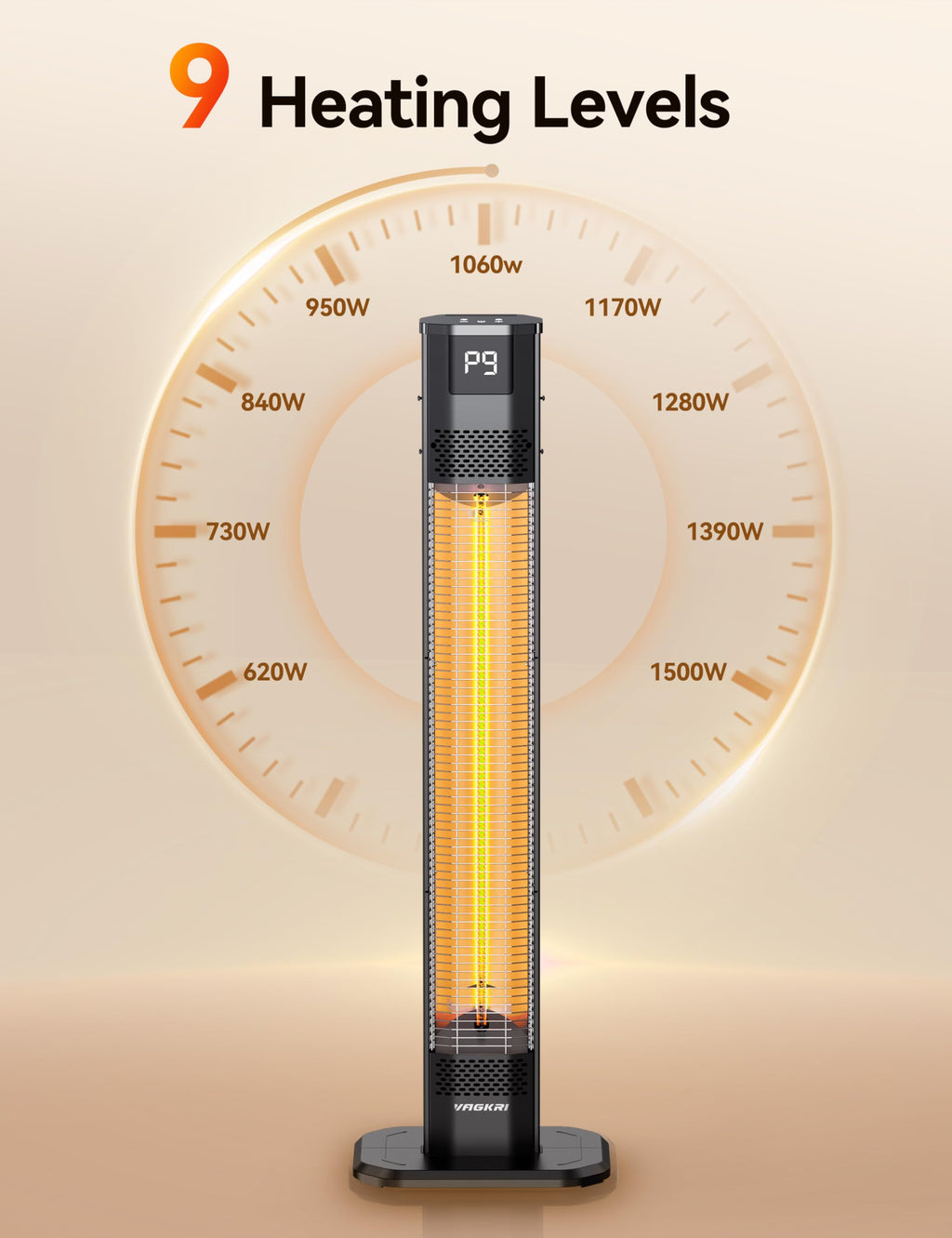 42" 1500W Electric Outdoor Infrared Heater with Remote, 9 Heat Levels, 24H Timer, 1S Fast Heating, IPX5 Waterproof