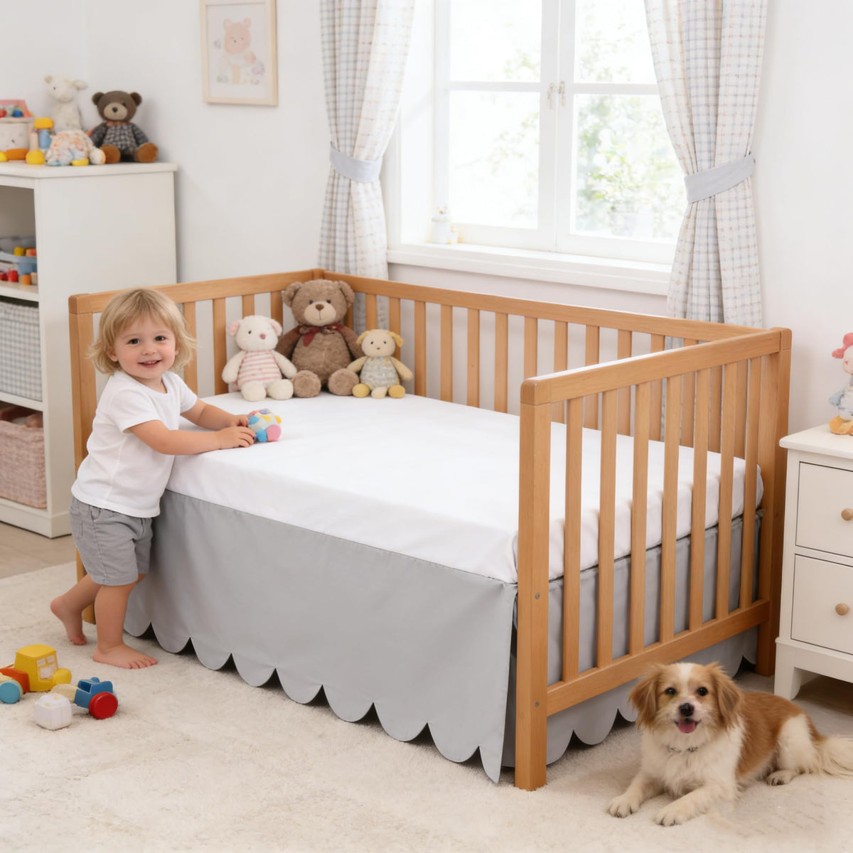 Scallop Edge Crib Skirt Grey, 100% Egyptian Cotton 400 Thread Count Crib Skirt Dust Ruffle,Double