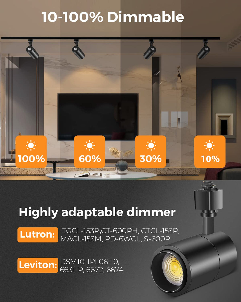 Zoomable 20W LED Track Lighting Heads H Type, Black 4 Pack