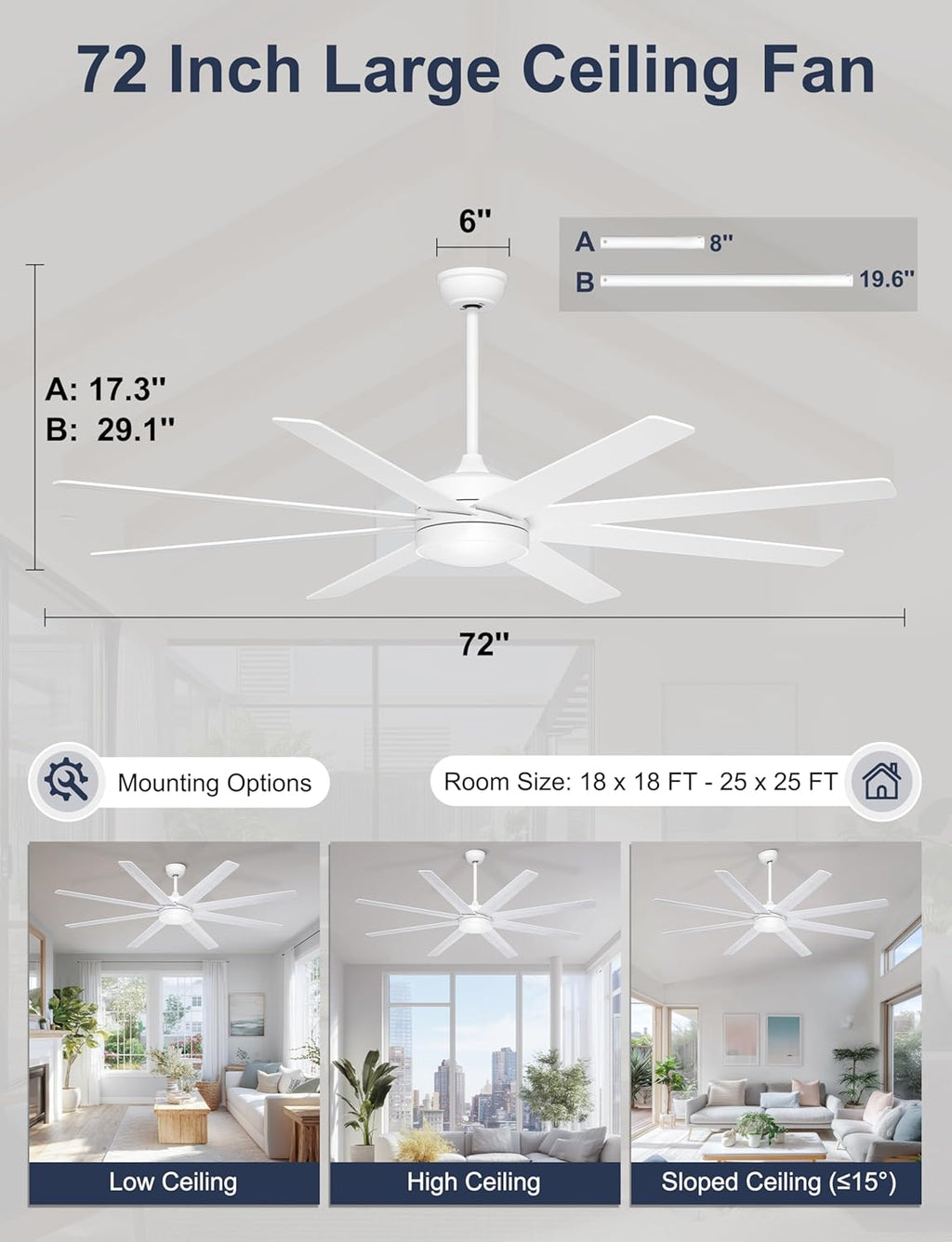 72" White Ceiling Fan with Light & Remote