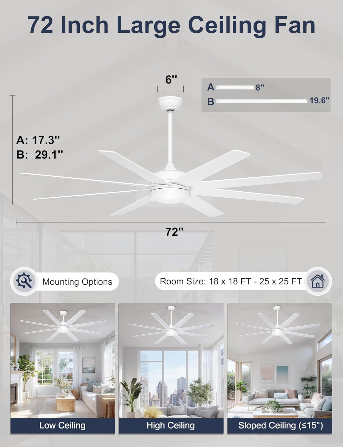 72" White Ceiling Fan with Light & Remote