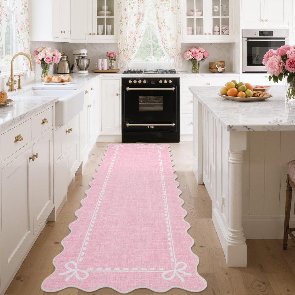 Scalloped Hallway Runner Rug 2x6 Non Slip Bedroom Rugs, Pink