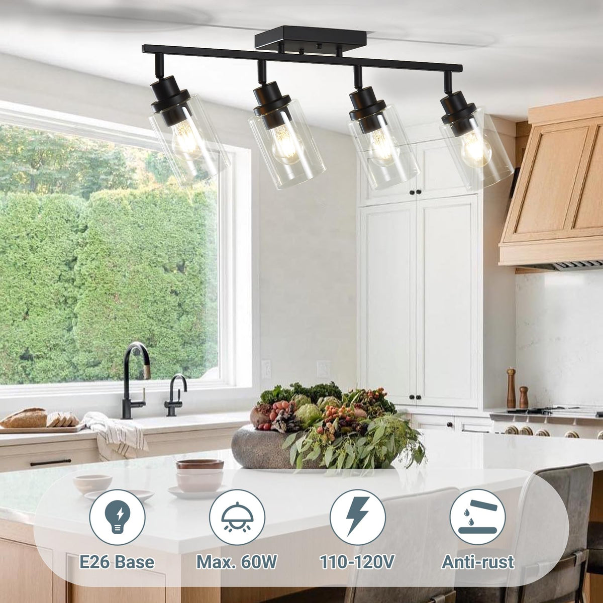 4 Light Kitchen Track Light Fixtures Ceiling Vanity Lights Black, Bathroom Track Lighting Kit w/Rotatable Heads &