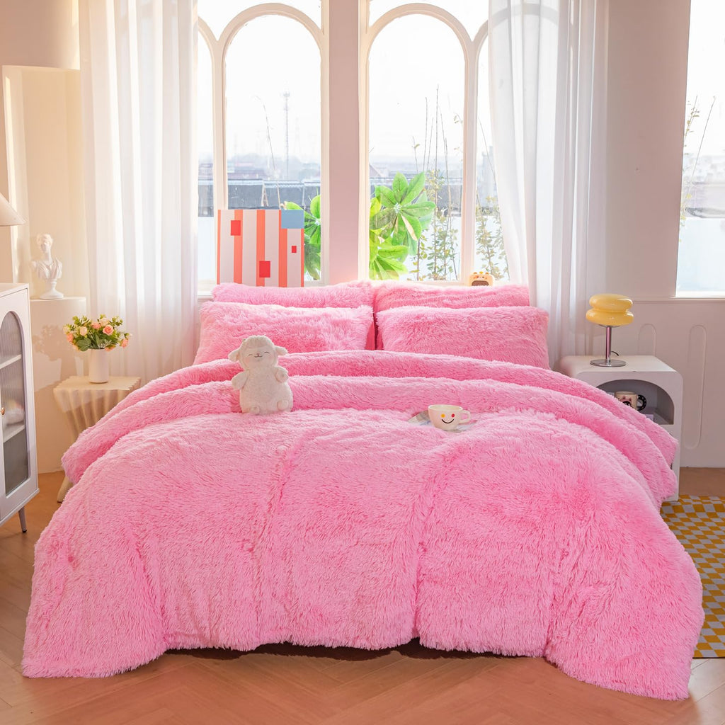 Faux Fur Plush Pink Comforter Sets - Ultra Soft Shaggy Flannel Velvet Fluffy Fuzzy 3PC Bedding Sets