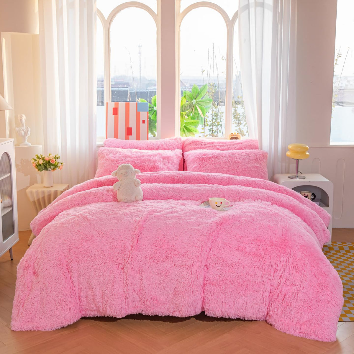 Faux Fur Plush Pink Comforter Sets - Ultra Soft Shaggy Flannel Velvet Fluffy Fuzzy 3PC Bedding Sets