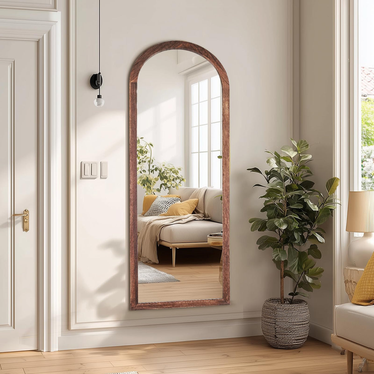 48x16in Arched Full Length Mirror Solid Wood Frame, Brown
