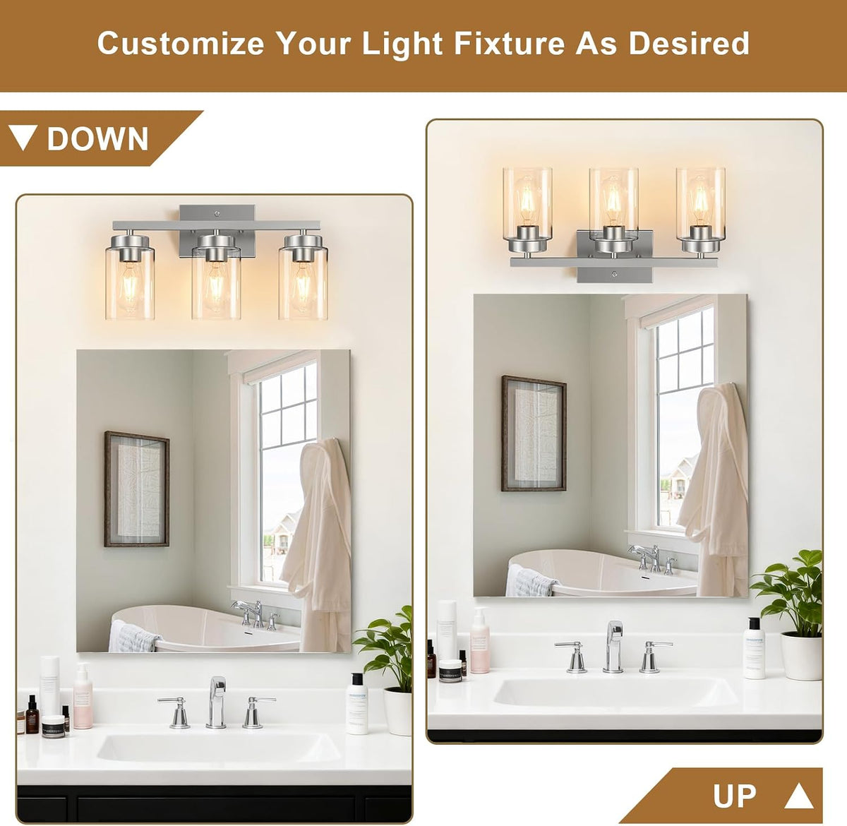 Modern Bathroom Light Fixtures, 3 Light Brushed Nickel Vanity Lights, Bathroom Lighting Fixtures Over Mirror with
