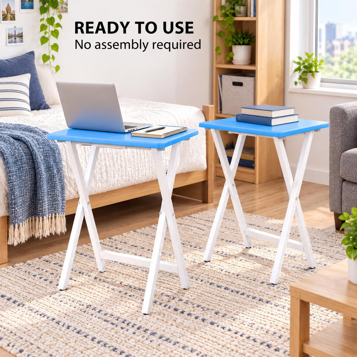 Set of 2 Seaside Blue Solid Rubberwood Folding TV Tray Tables