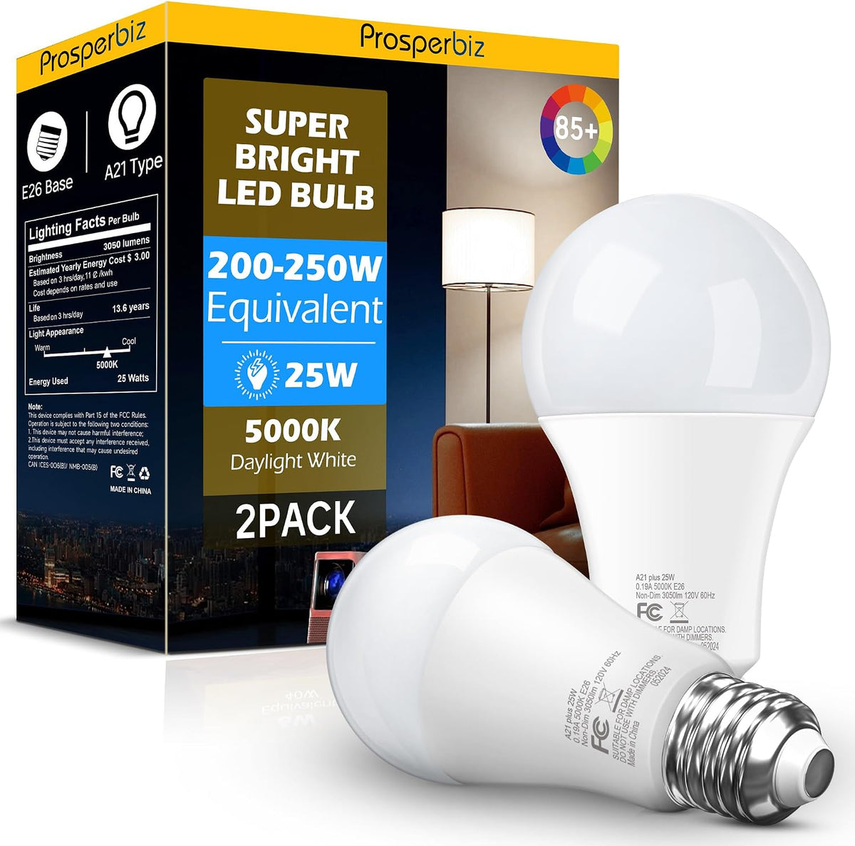 LED Light Bulbs, 25W Bright White 5000K, A21 E26, 2pcs