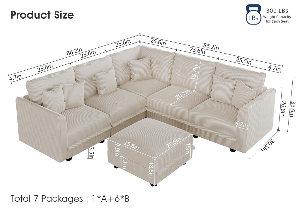 Sectional Sofa Modular Cloud Couch with 6 Storage Seats & 6 Throw Pillows, Corduroy U Shaped Couches, Rearrangable