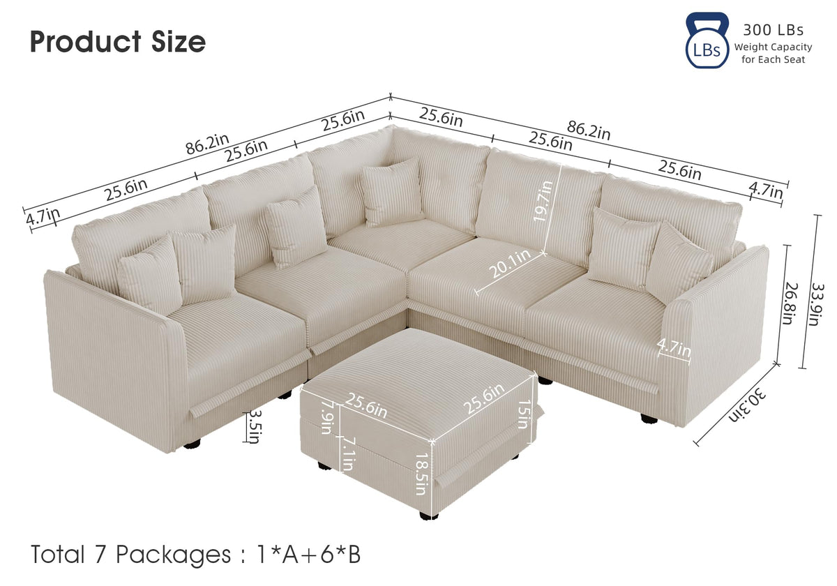 Sectional Sofa Modular Cloud Couch with 6 Storage Seats & 6 Throw Pillows, Corduroy U Shaped Couches, Rearrangable