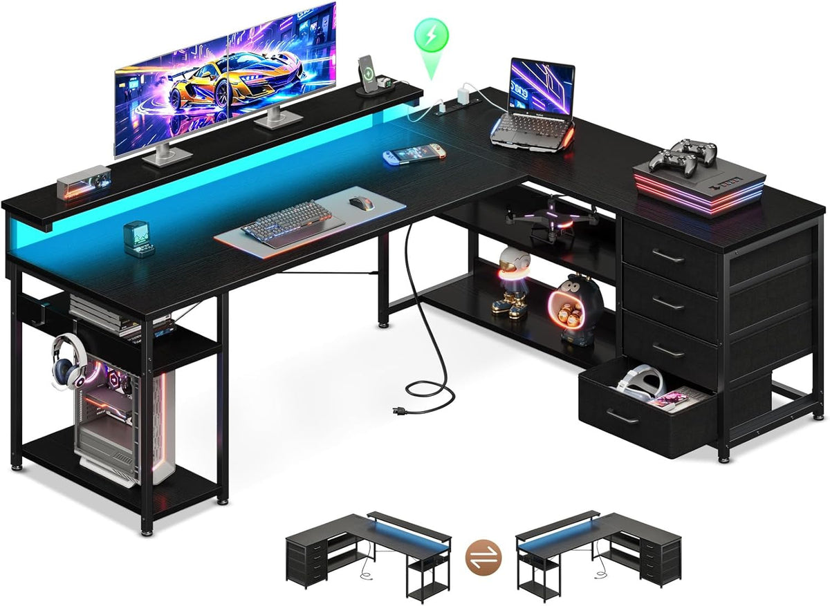 61 Inch L Shaped Computer Desk with 4 Drawers, LED Lights, Black | Power Outlets, Adjustable Monitor Stand, Open