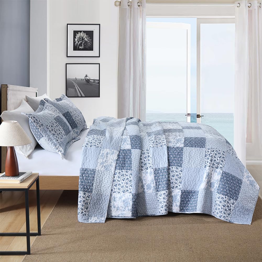 Cotton Bedspread Quilt, Reversible Lightweight Coverlets with 2 Shams, Rose Floral Plaid Pattern Rustic