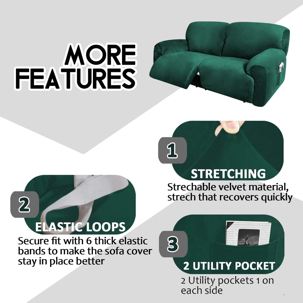 Extra Wide 75" - 100", Reclining 2 Seater Sofa Cover, Extra Wide Reclining Love Seat Slipcover, 6-Piece Velvet