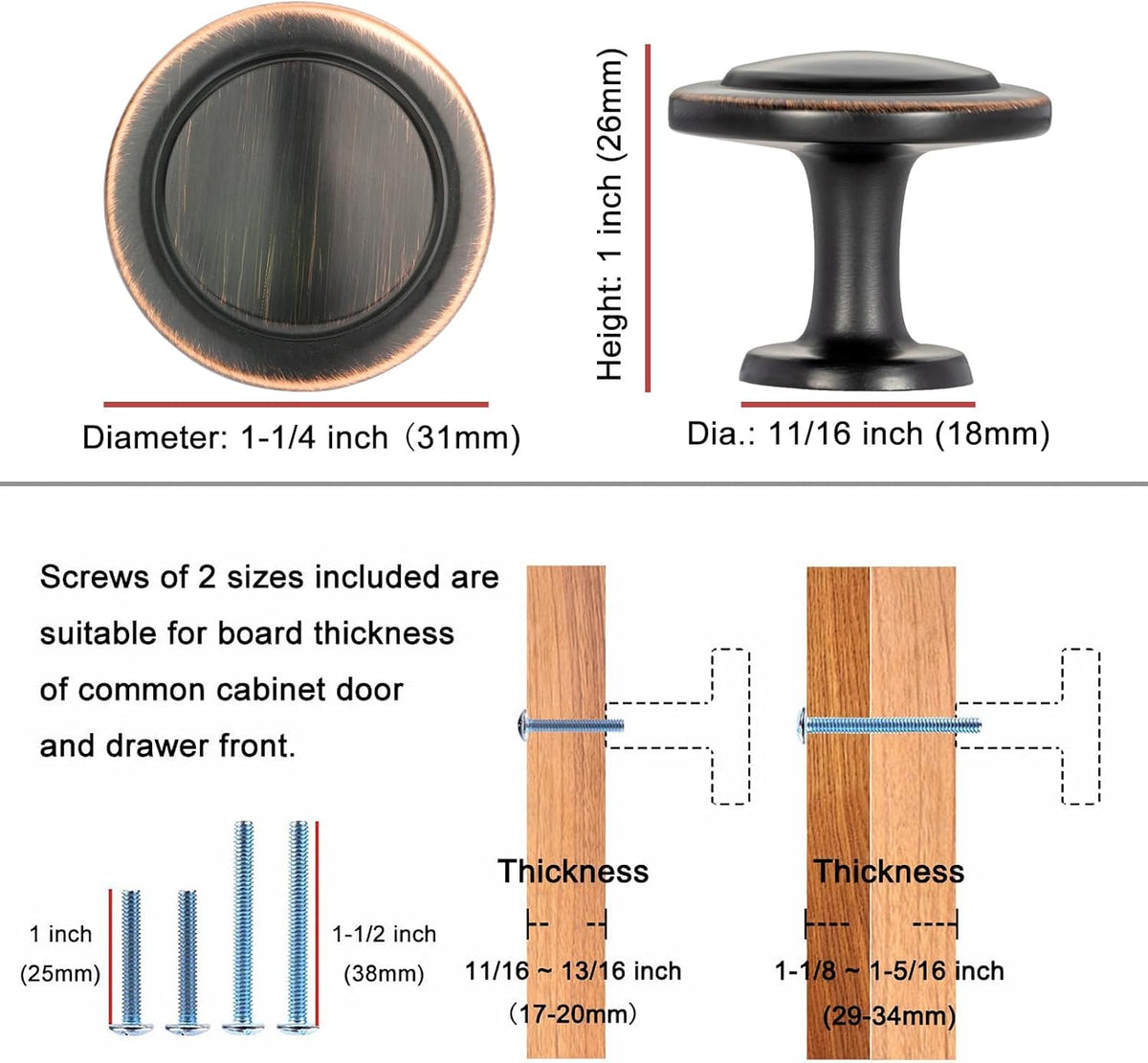 Round Cabinet Knobs Oil Rubbed Bronze Cabinet Pulls, Dia. 1-1/4 Inch, 10 Pack Bronze Drawer Knobs Cabinets 1960 Drawers