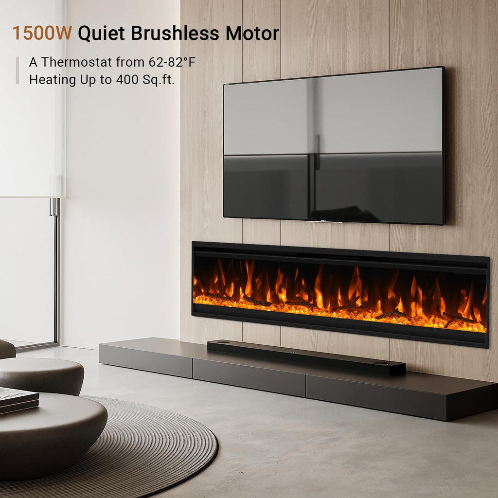 50 inch Electric Fireplace, 4.3" Ultra-Thin Electric Fireplace Inserts, Ultra-Narrow Frame, Wall Mounted and Recessed