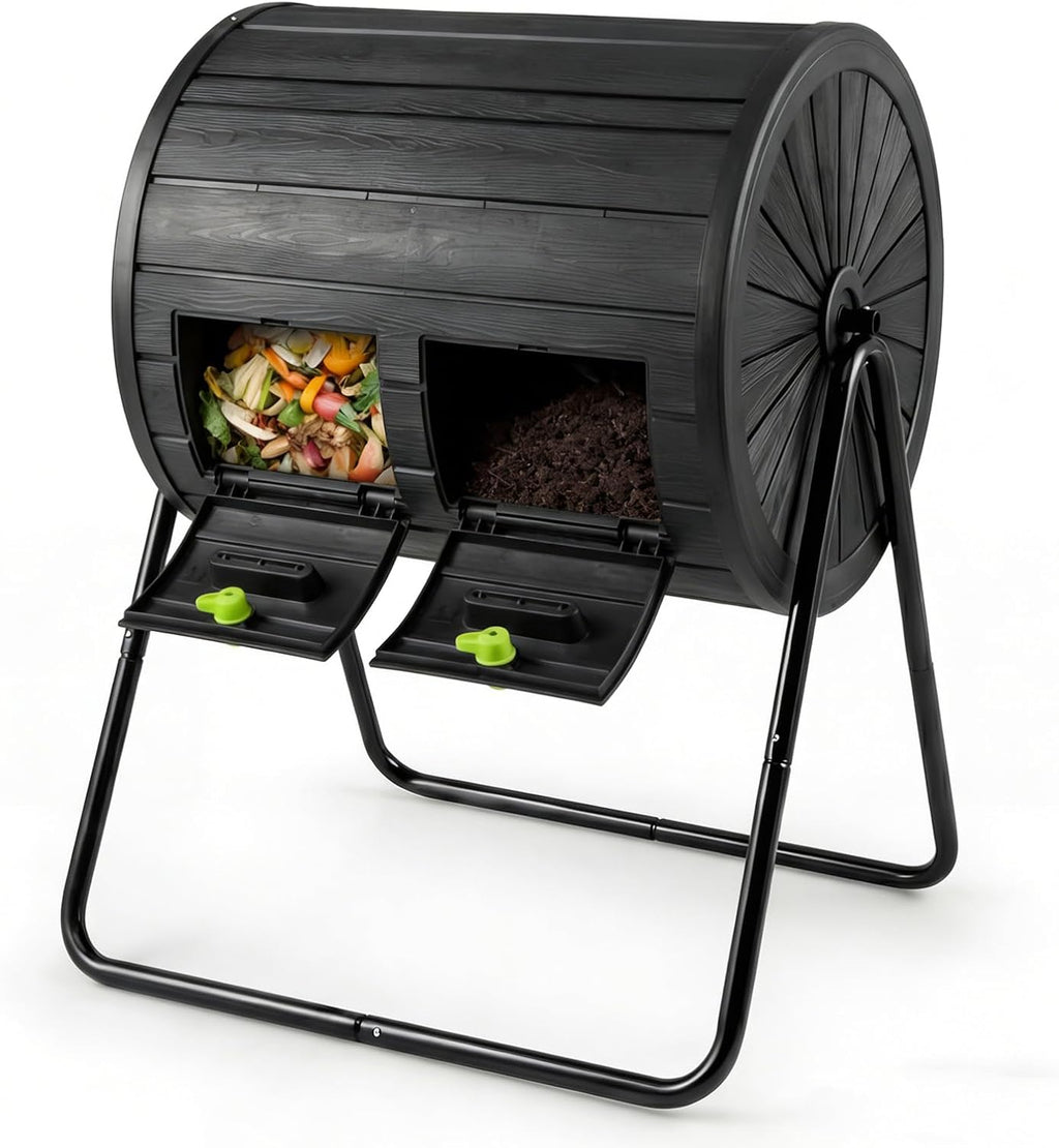 37.5 Gallon Outdoor Dual Chamber Compost Tumbler, Black
