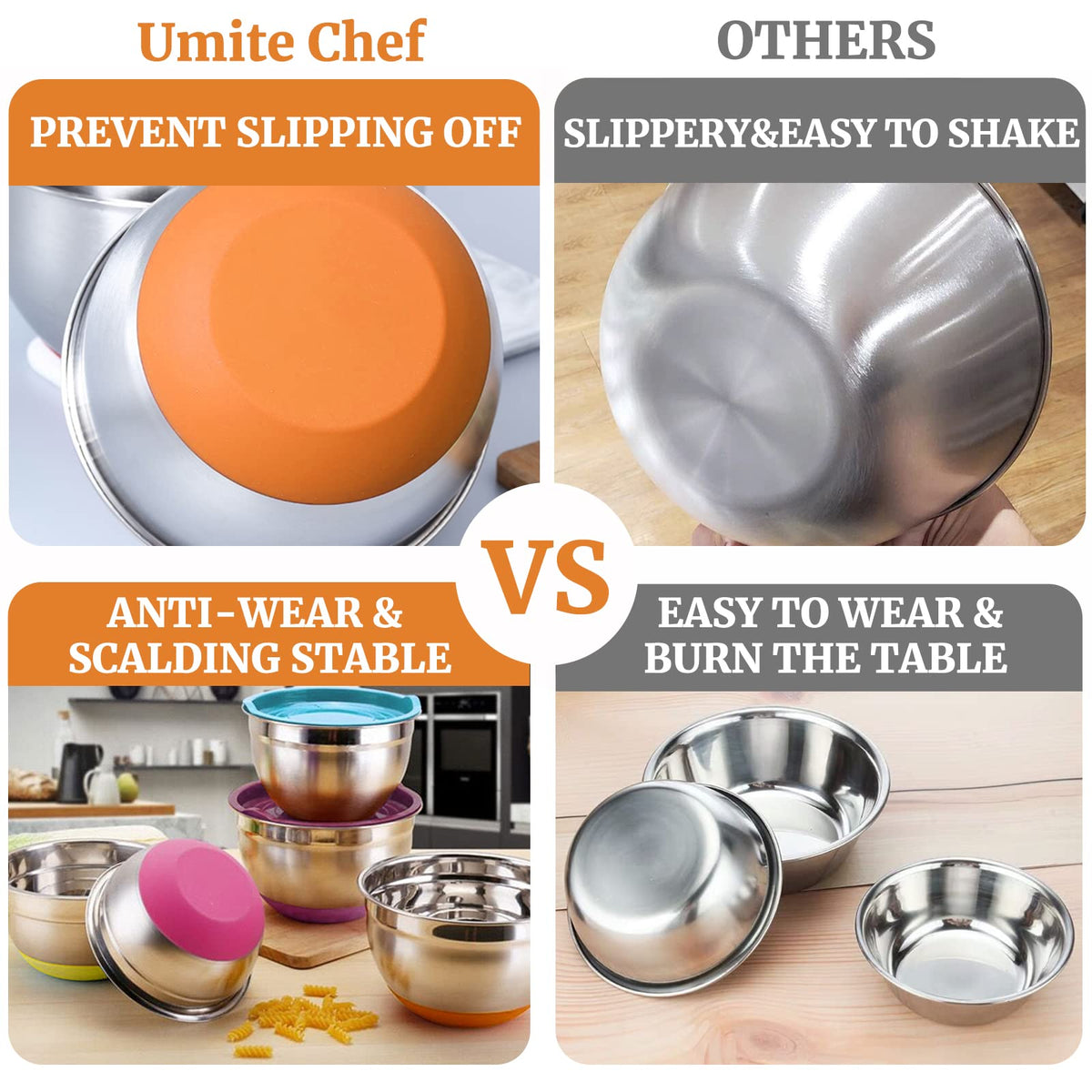Mixing Bowls with Airtight Lids, 6 Piece Stainless Steel Metal Bowls, Measurement Marks & Colorful Non-Slip Bottoms
