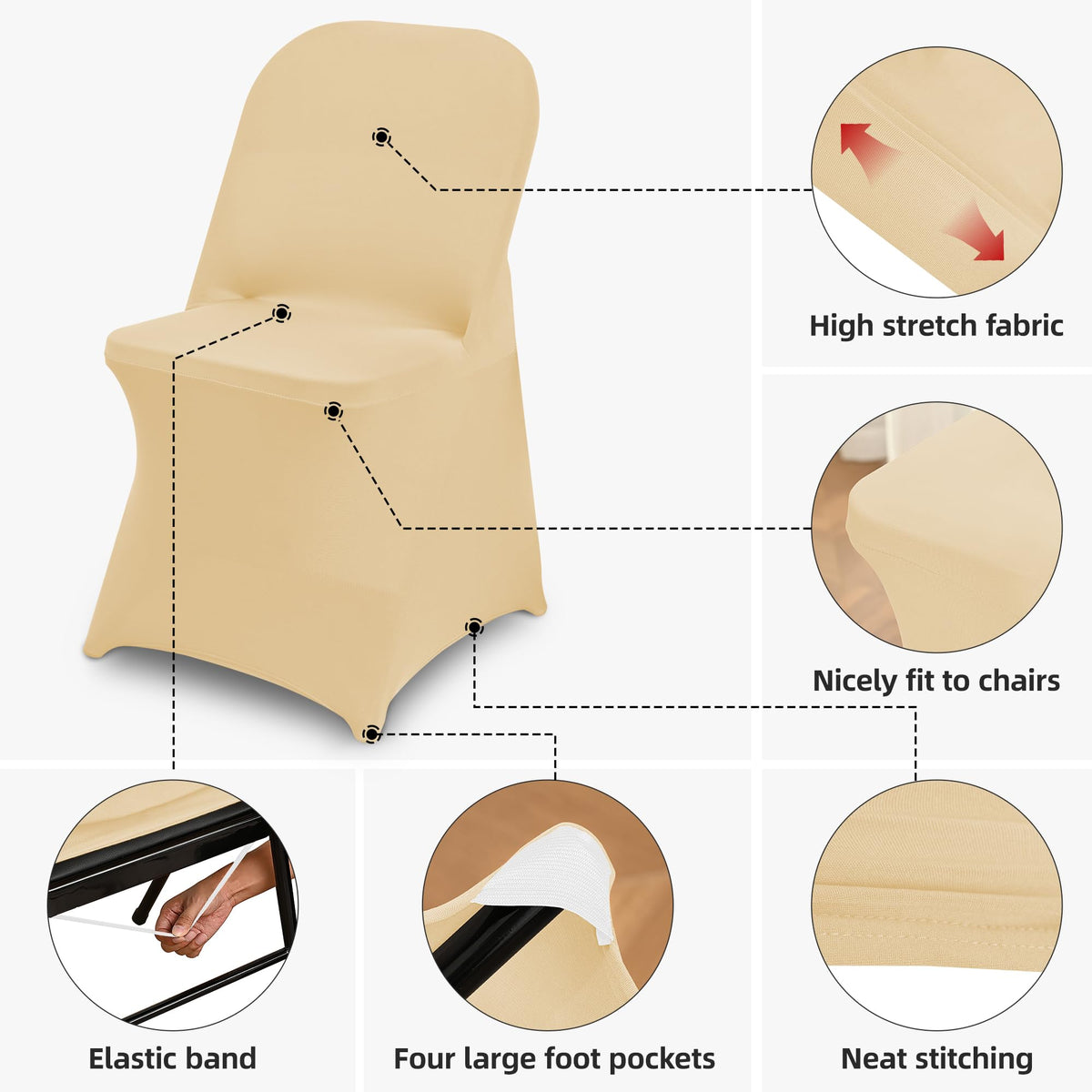 6 Packs Champagne Spandex Stretch Folding Chair Covers for Party