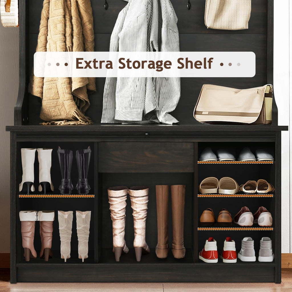 Farmhouse Hall Tree with Bench & Shoe Storage, Oak
