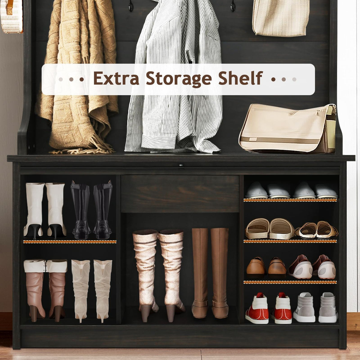 Farmhouse Hall Tree with Bench & Shoe Storage, Oak