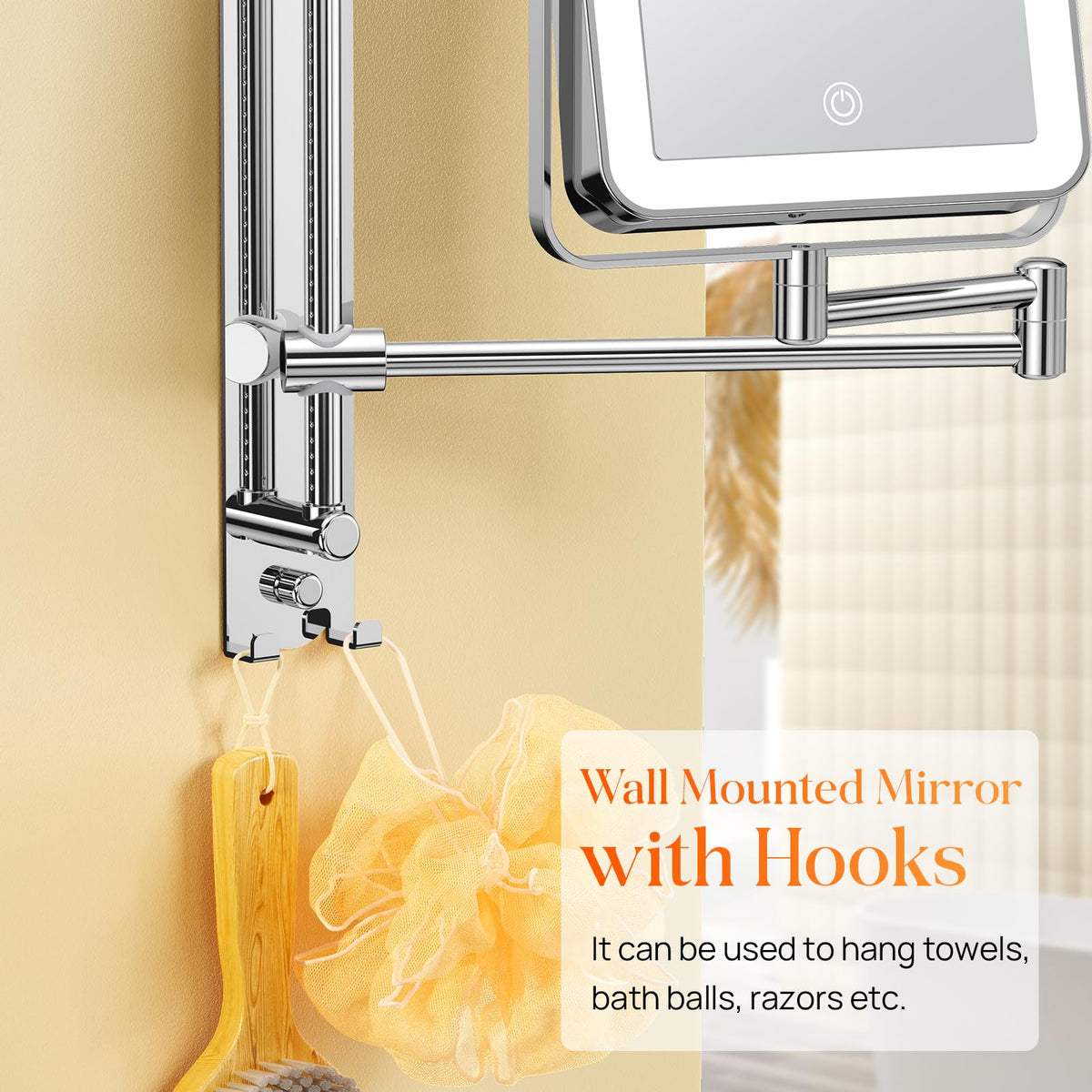 Height Adjustable Wall Mounted Lighted Makeup Mirror with Hooks