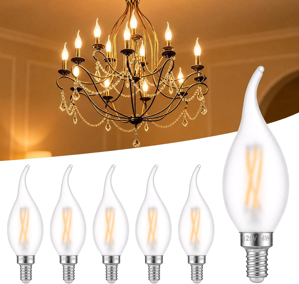 E12 LED Frosted Candelabra Light Bulbs, 40 Watt Equivalent 6 Pack