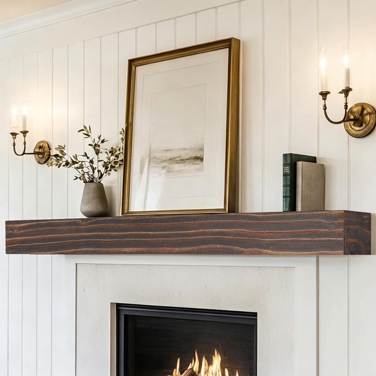 72" Solid Wood, Rustic Mantel Shelf Wall Mounted for Over Fireplace, Farmhouse Hanging Shelf, Rustic Brown