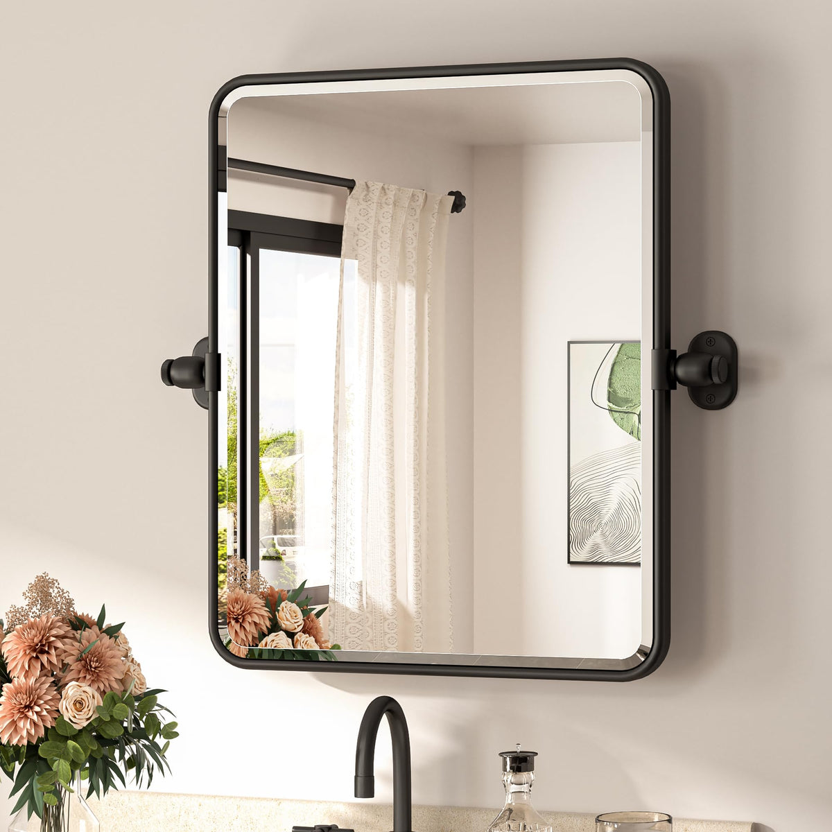 Pivot Mirror 16 x 20 Matte Black Tilt Beveled Rectangle Metal Framed Pivoting Bathroom Vanity Mirror, Modern