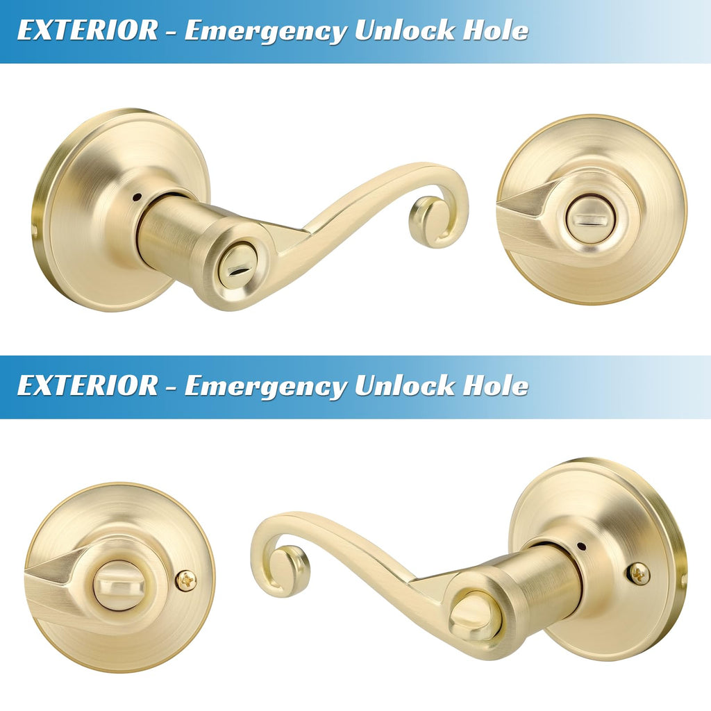 5 Pack Gold Door Handles, Wave Style Brass Privacy Door Lever