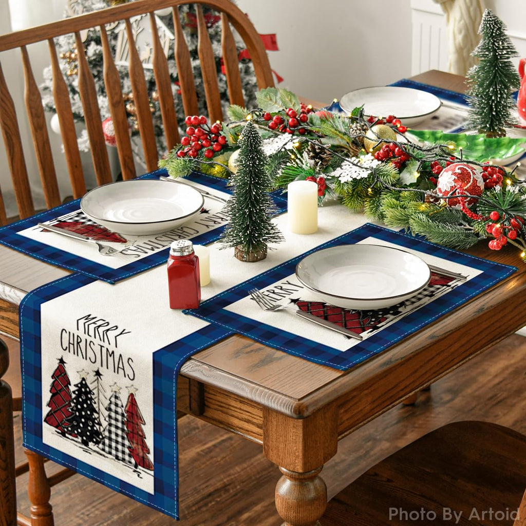 Blue Waterclor Buffalo Plaid Christmas Trees Placemats Set of 6, 12x18 Inch Winter Table Mats for Outdoor Home Party