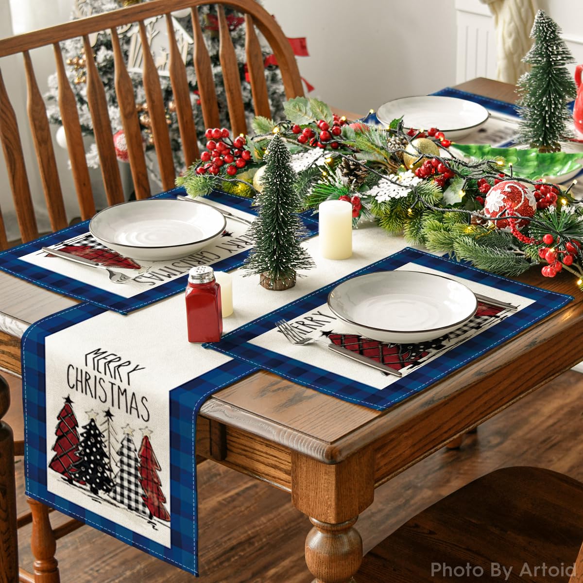 Blue Waterclor Buffalo Plaid Christmas Trees Placemats Set of 6, 12x18 Inch Winter Table Mats for Outdoor Home Party