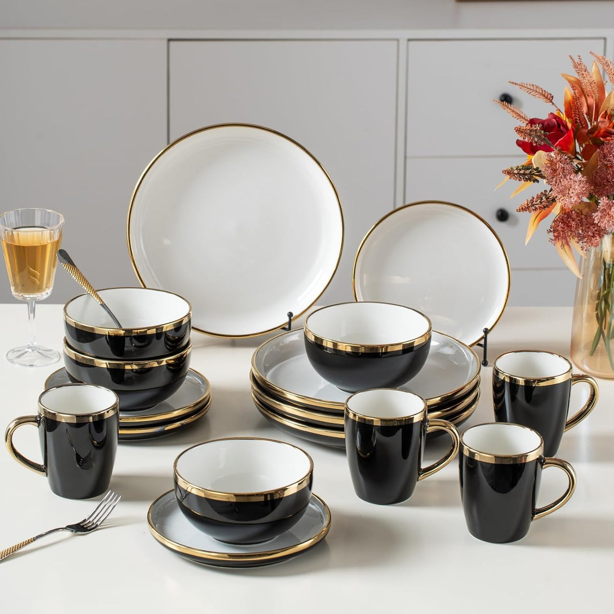 Black and Gold Ceramic Dinnerware Sets for 4, 16-Piece Luxury Plates and Bowls Sets with Gold Rim, Modern Dish Set