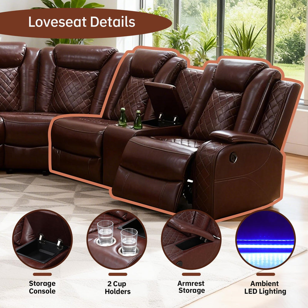 Power Recliner Sofa Set, Living Room Furniture Sets, Leather Sectional Sofa Set with Reclining Chair, LED Lights, Cup