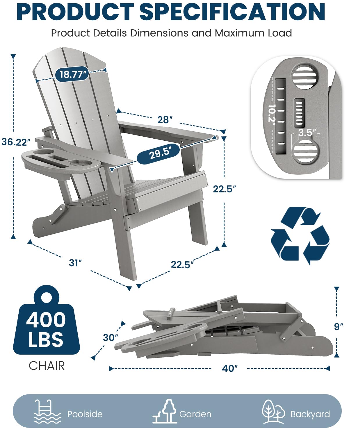 Folding Adirondack Chair Set of 4 with 4-in-1 Cup Holder, Fire Pit Chair