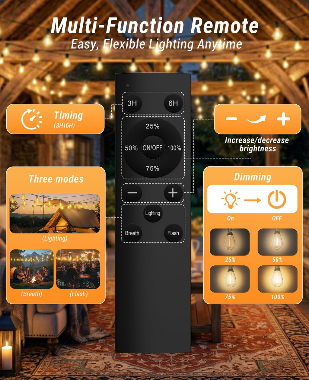 LED Outdoor String Lights with Remote, 72+2 Shatterproof Bulbs Dimmable Timing 3 Light Modes Outside Patio