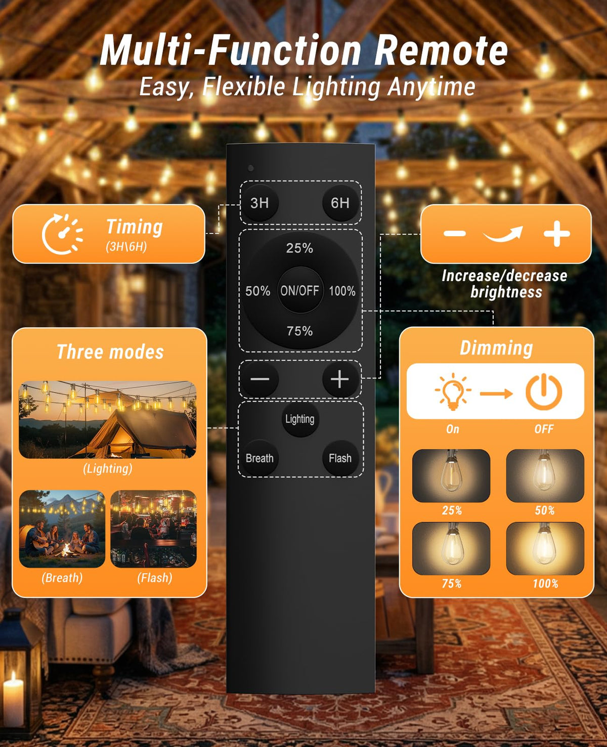 LED Outdoor String Lights with Remote, 72+2 Shatterproof Bulbs Dimmable Timing 3 Light Modes Outside Patio