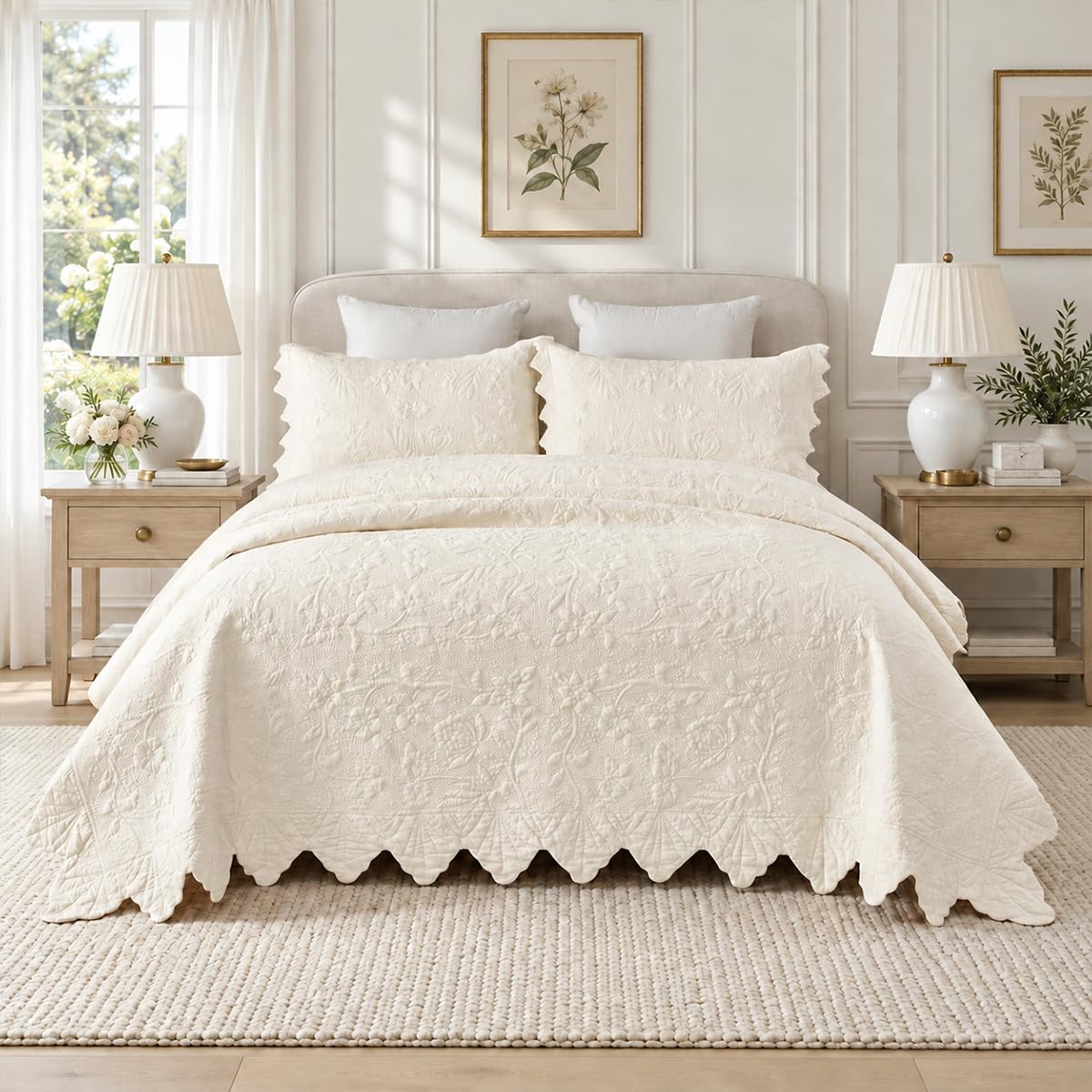 Cream Cotton Quilt Set King Scalloped Matelasse Coverlet 3PC
